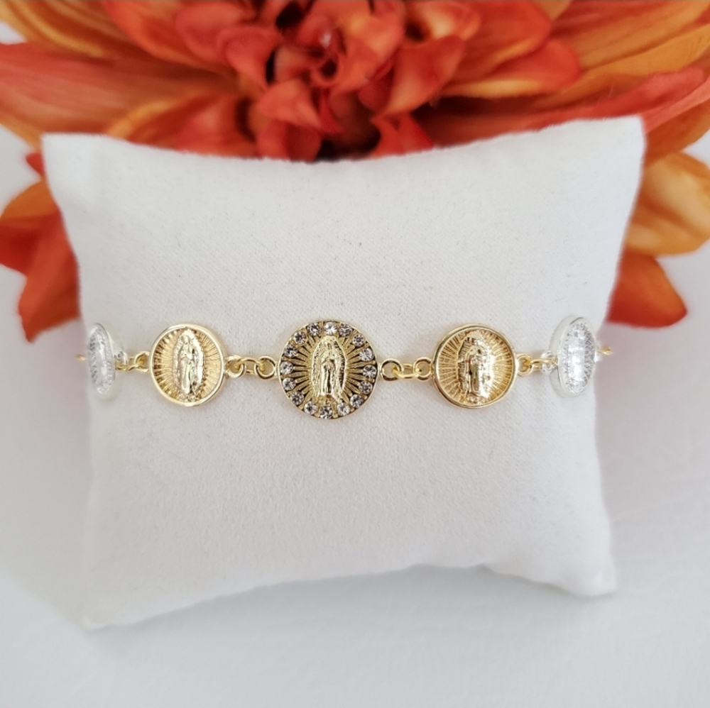 Tri color Gold Plated Virgen of Guadalupe Crystal Medals Bracelet